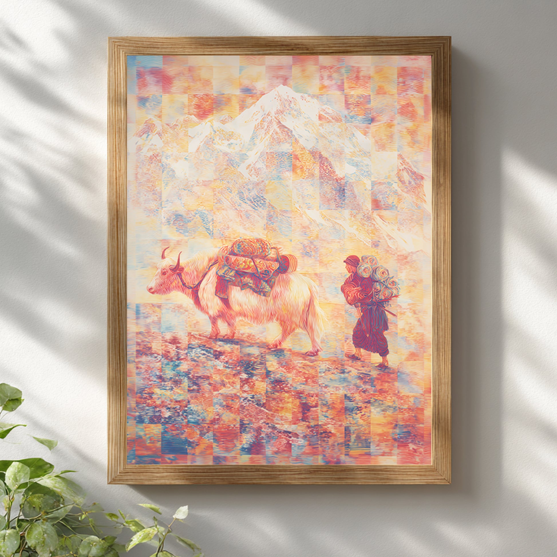 Framed Mount Everest wall art in a wooden frame on a white wall, depicting a Tibetan yak journey through the Himalayas. Psychedelic travel illustration combining cultural storytelling with contemporary decor.