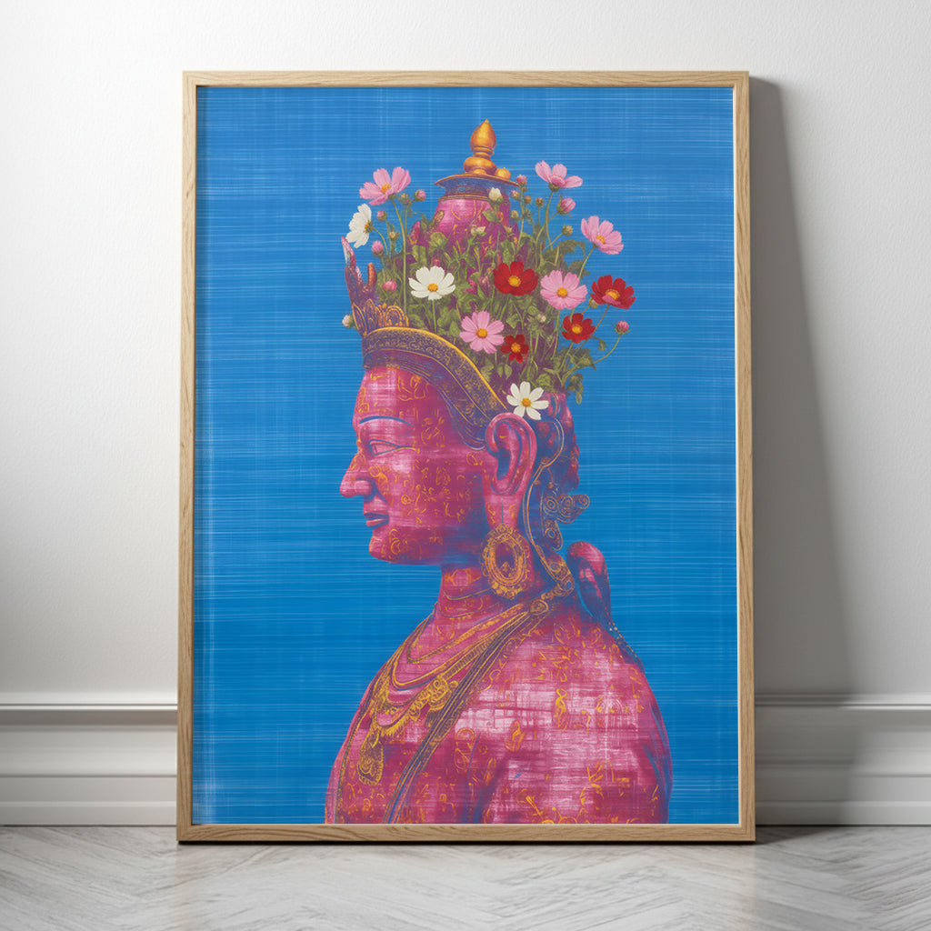 Natural wood framed pink and green Tara Buddhist art print, depicting a pink Tara Buddhist side-profile portrait with floral detailing on a blue background.