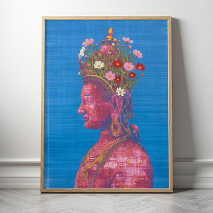 Natural wood framed pink and green Tara Buddhist art print, depicting a pink Tara Buddhist side-profile portrait with floral detailing on a blue background.