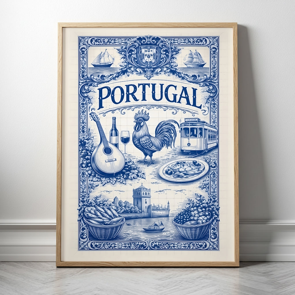 Framed Portuguese culture art poster in a natural wood frame, featuring a blue azulejo tile illustration with traditional Portugal symbols including food, music, transport, and coastal imagery. This framed cultural art poster blends Mediterranean style with Portuguese tile art.