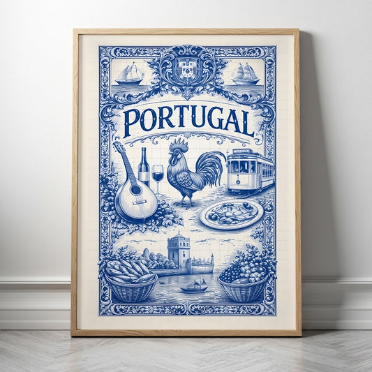 Framed Portuguese culture art poster in a natural wood frame, featuring a blue azulejo tile illustration with traditional Portugal symbols including food, music, transport, and coastal imagery. This framed cultural art poster blends Mediterranean style with Portuguese tile art.