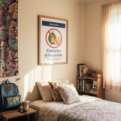 Framed No Durian Allowed poster styled in a bedroom setting, inspired by Thai metro and BTS restriction signage. The minimalist durian prohibition design features a red circle over fruit with bilingual warning text. A Southeast Asia travel memory print that adds graphic character to modern, travel-themed interiors.