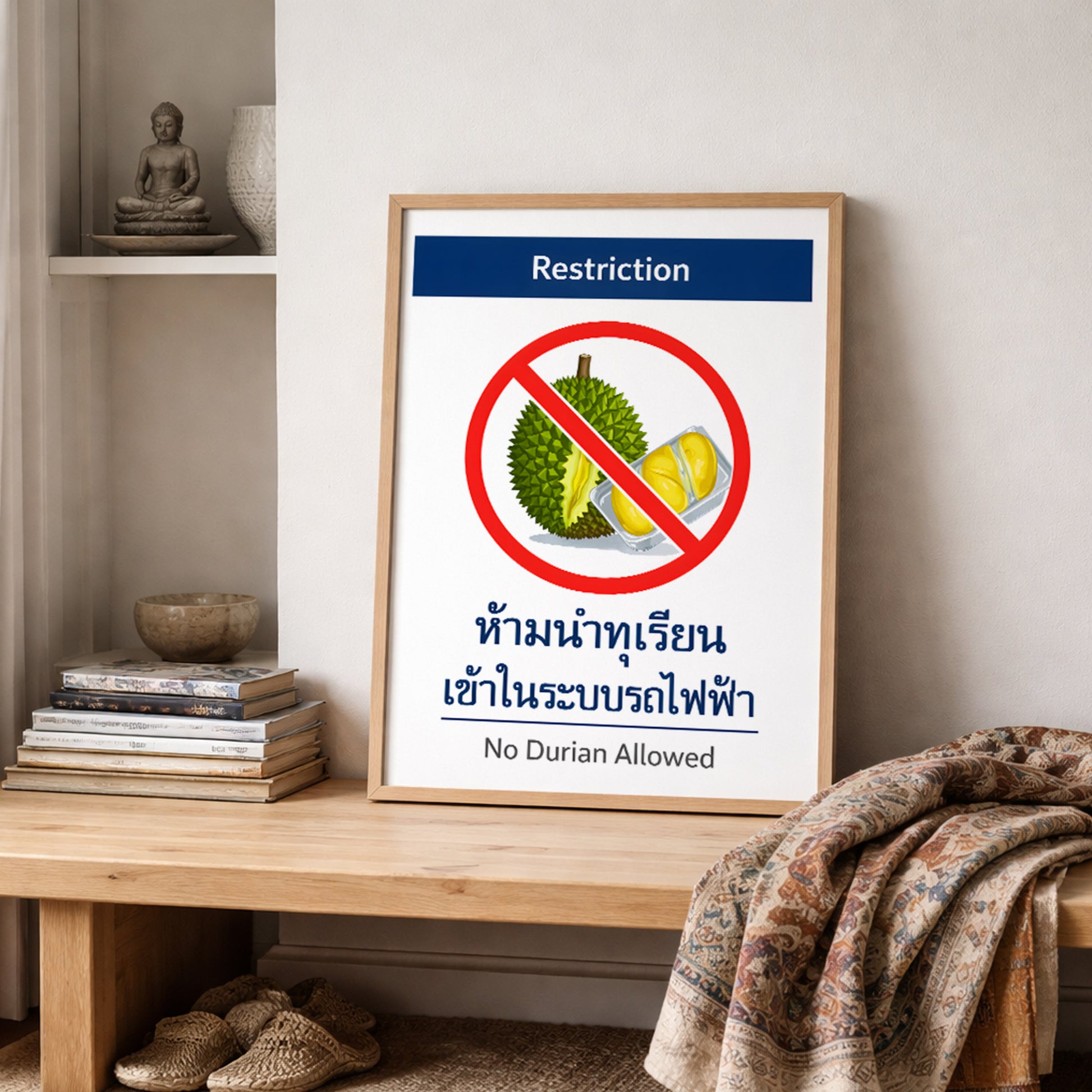 Framed No Durian Allowed sign print placed on a styled shelf with neutral textiles and cultural decor. Inspired by Thai metro and BTS restriction signage, the artwork features a red prohibition symbol over durian fruit with bilingual warning text. A structured Southeast Asia travel poster suited for dining rooms, kitchens or cafe decor.