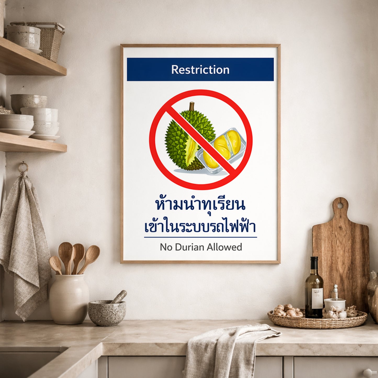 No Durian Allowed kitchen wall art displayed above a wooden counter with chopping boards and ceramics. The design recreates Bangkok BTS and Thai metro prohibition signage, with bold red circle and bilingual warning text. A clean, graphic durian sign print perfect for food-themed kitchen decor or restaurant interiors.