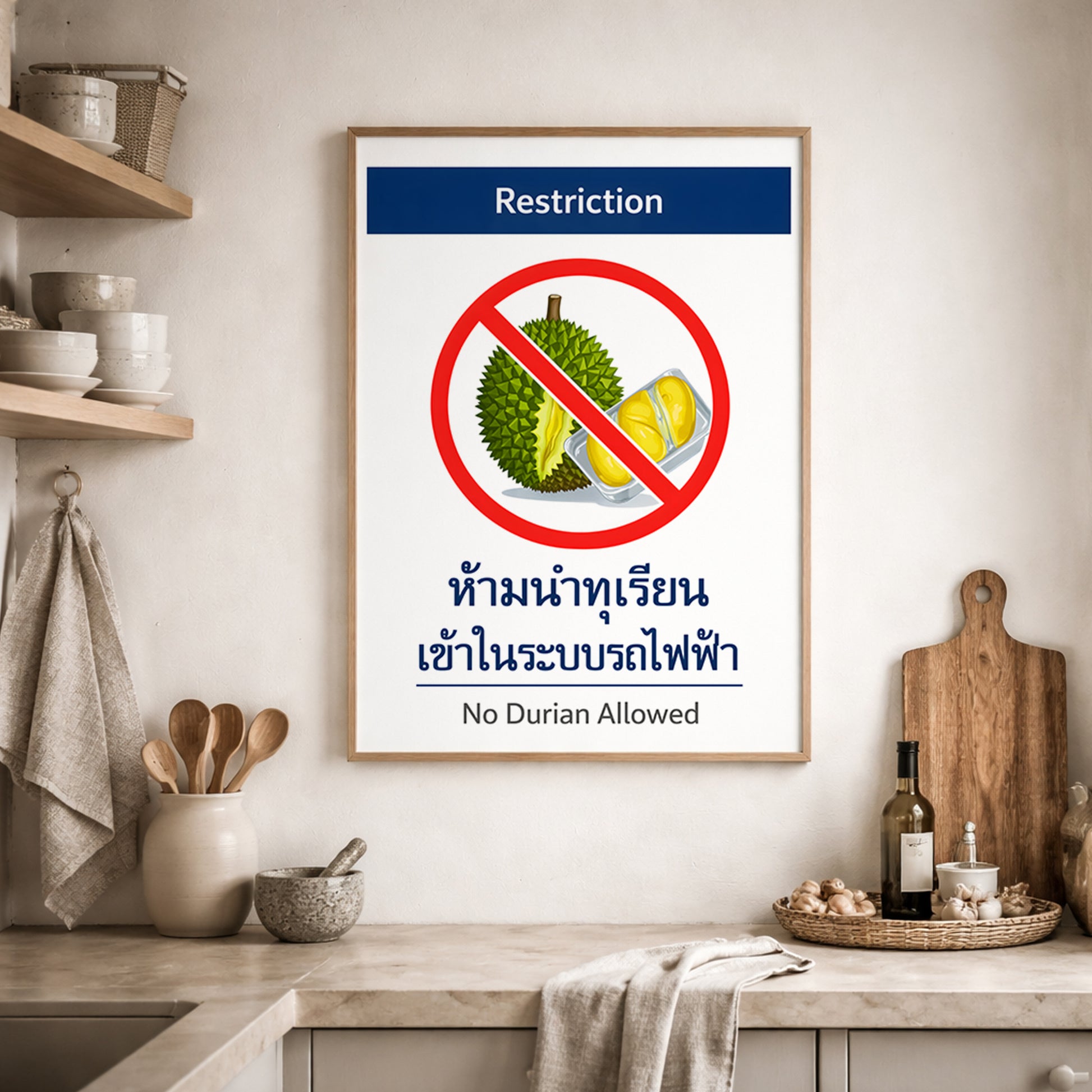 No Durian Allowed kitchen wall art displayed above a wooden counter with chopping boards and ceramics. The design recreates Bangkok BTS and Thai metro prohibition signage, with bold red circle and bilingual warning text. A clean, graphic durian sign print perfect for food-themed kitchen decor or restaurant interiors.
