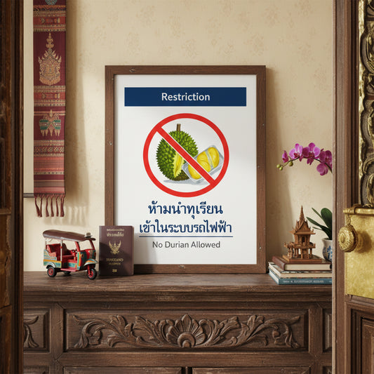 No Durian Allowed framed wall art displayed on a decorative mantle with books and flowers. The design recreates Bangkok BTS and Thai metro prohibition signage, featuring a bold red restriction circle and bilingual text. A clean Southeast Asian travel poster ideal for living rooms, dining spaces or statement wall decor.