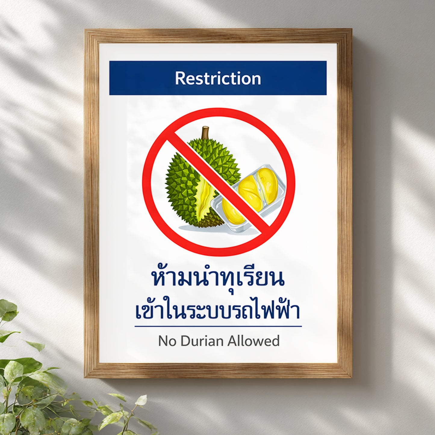 No Durian Allowed framed poster displayed in a light wooden frame against a white wall. The artwork replicates Thai metro and BTS restriction signage with bold red prohibition circle and bilingual warning text. A minimalist Southeast Asia travel poster suited for kitchens, hallways or modern food-themed interiors.