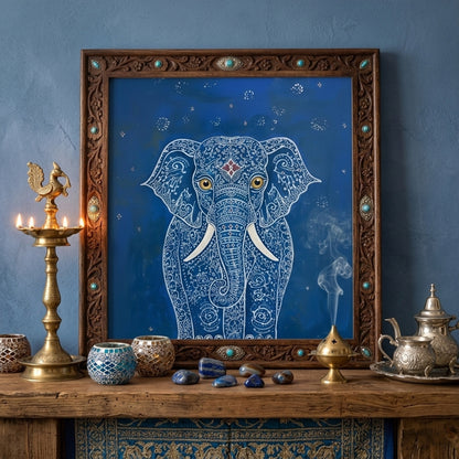 Blue Elegant Elephant Print displayed in an ornate dark frame on a decorated mantel with candles, metal vessels and layered styling. The front-facing elephant is detailed with white pattern lines, gold eyes, white tusks and a deep blue background. A rich interior mockup for blue elephant wall art, Indian elephant art, decorative elephant print and eclectic home decor inspiration.