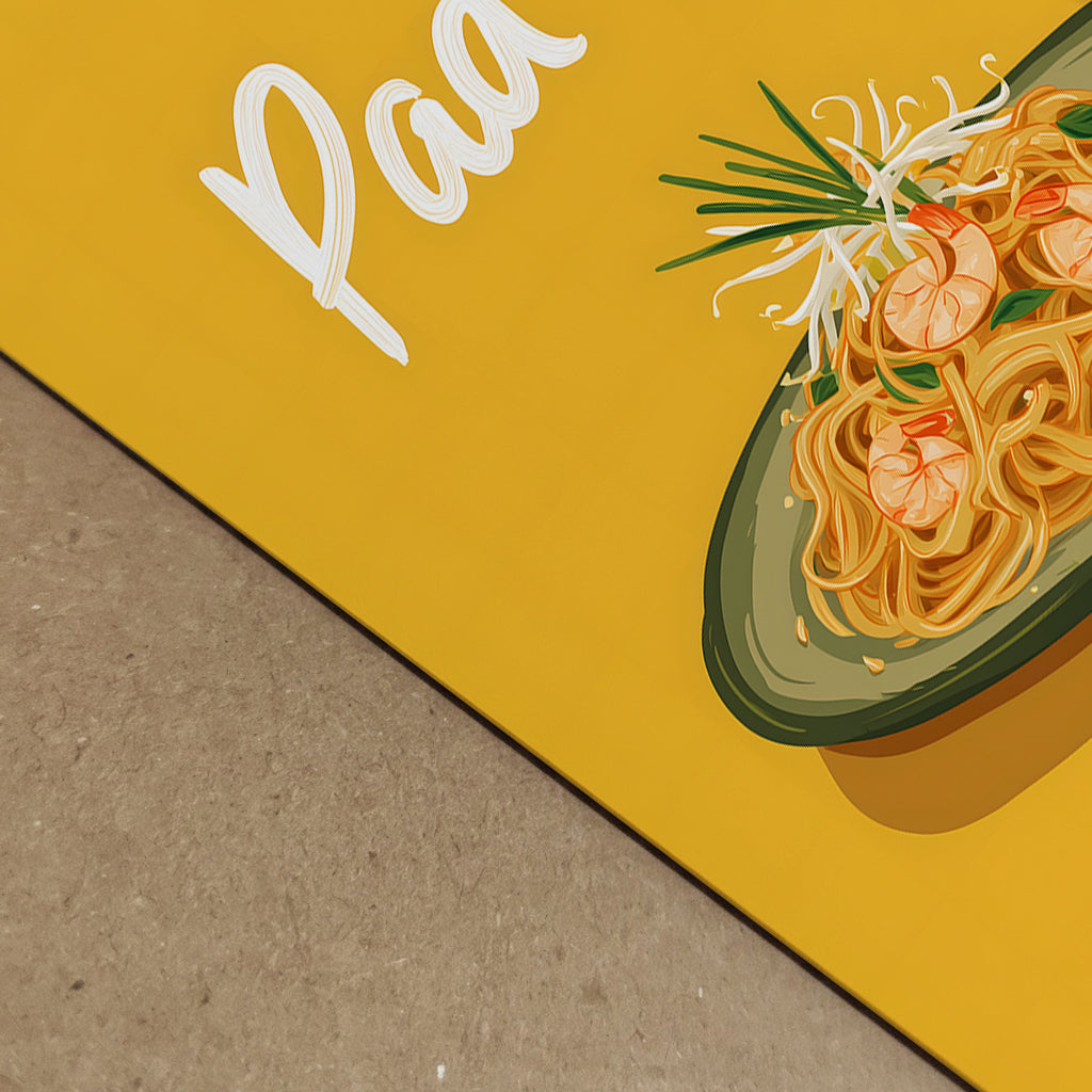 Close-up detail of Pad Thai illustration showing print texture and colour