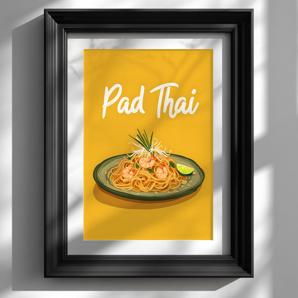 Illustrated Pad Thai wall art displayed in a black frame on a neutral wall