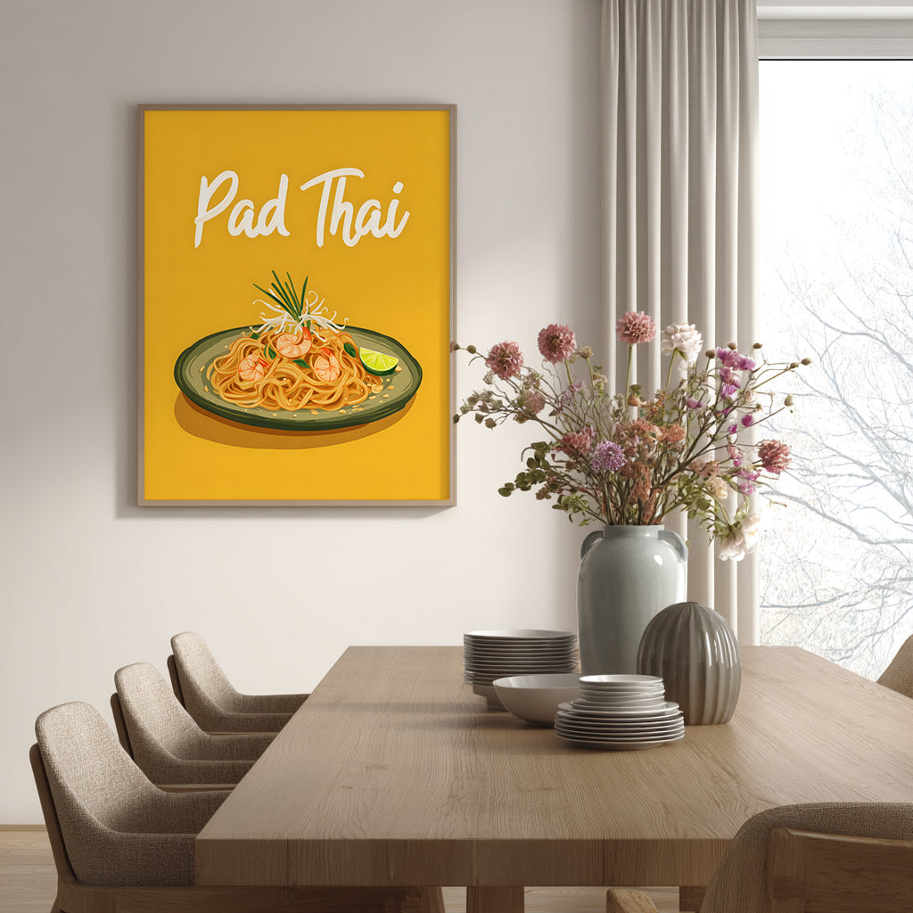 Pad Thai illustrated poster styled in a minimalist dining room interior