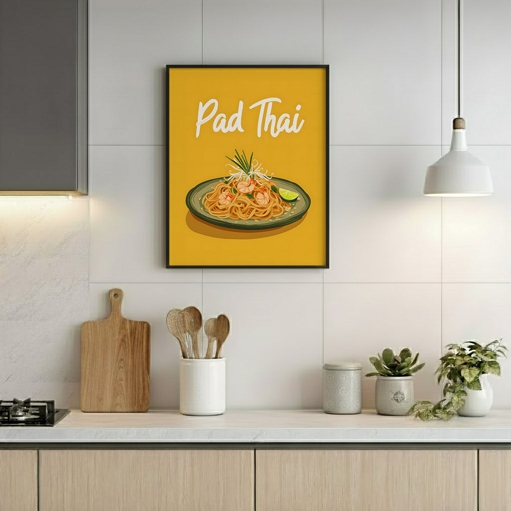 Illustrated Pad Thai wall art displayed above a minimalist kitchen backsplash