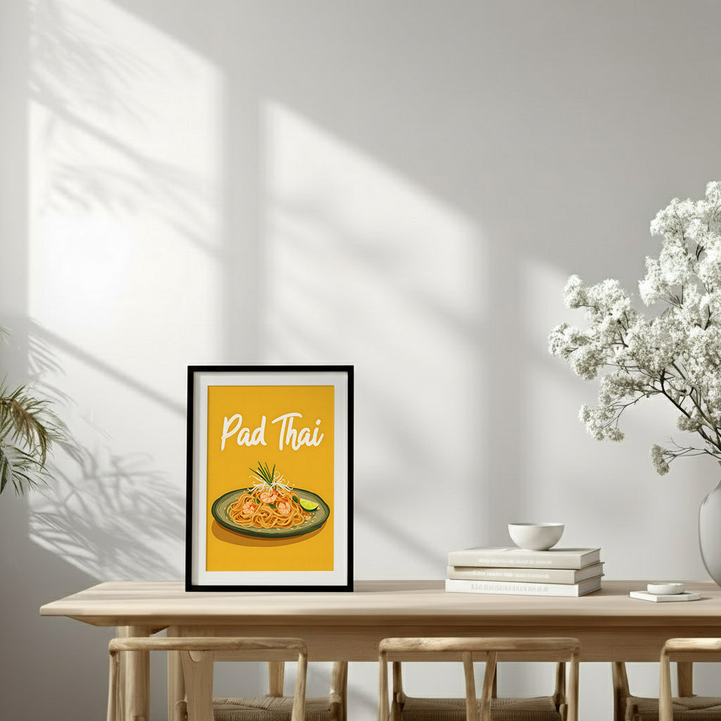Small framed Pad Thai poster styled on a dining room wall