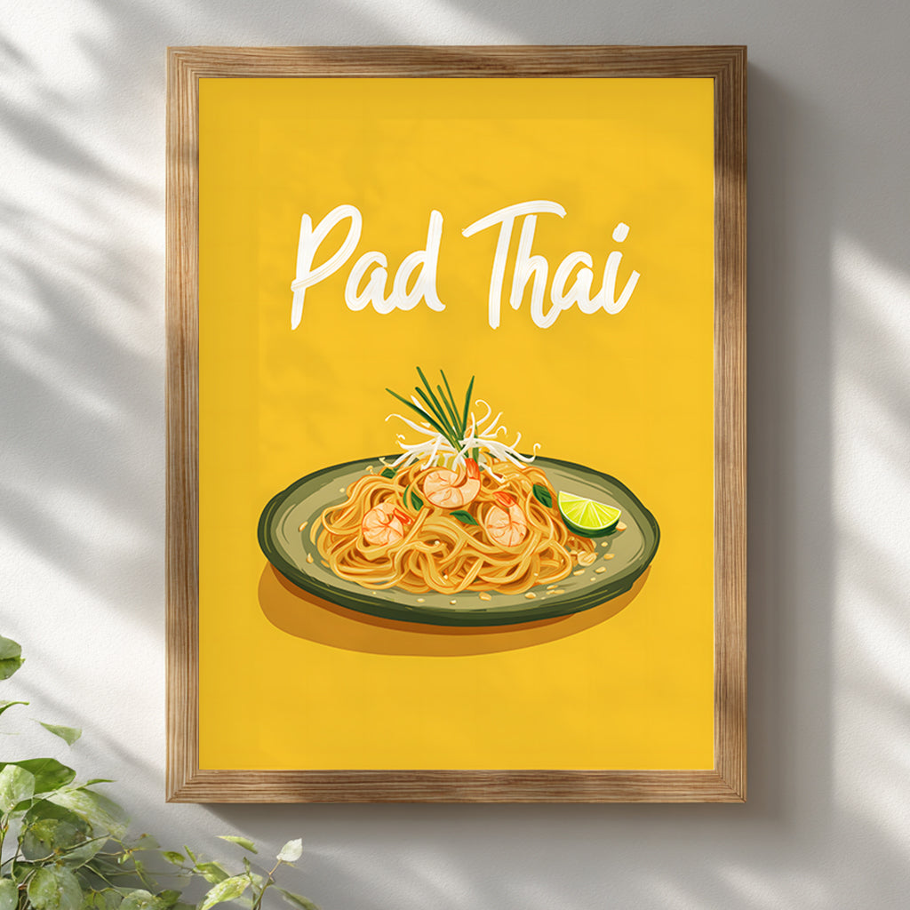 Pad Thai illustrated poster displayed in a white wooden frame on a wall