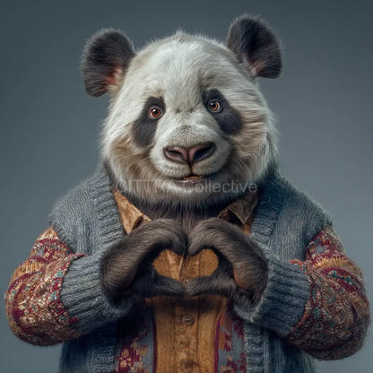 Hyper-realistic panda making heart shape in knitted jumper - Midjourney AI art prompt example