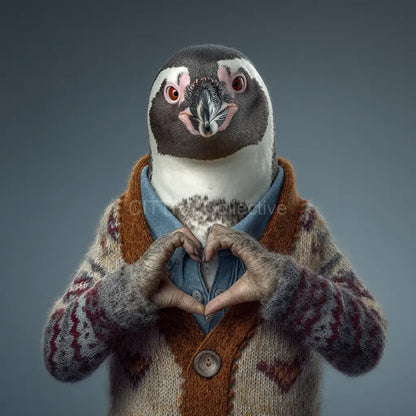 Hyper-realistic penguin making heart shape in knitted jumper - Midjourney AI art prompt example