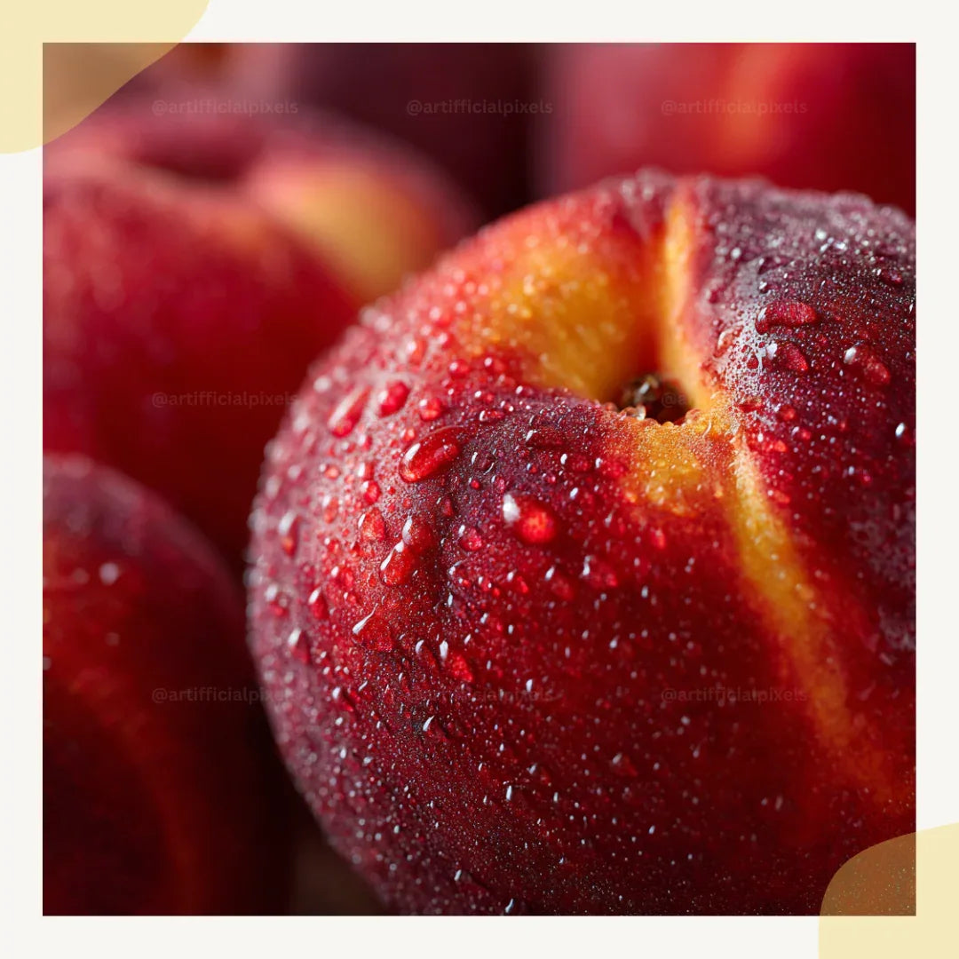 Photorealistic-close-up-of-a-juicy-peach-Midjourney-generated-image-with-water-droplets-and-soft-shadows-on-a-dark-background