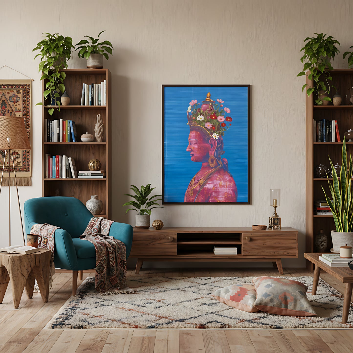 Pink and green Tara Buddhist framed art print displayed in a modern living room interior, shown hanging on a wall above furniture.
