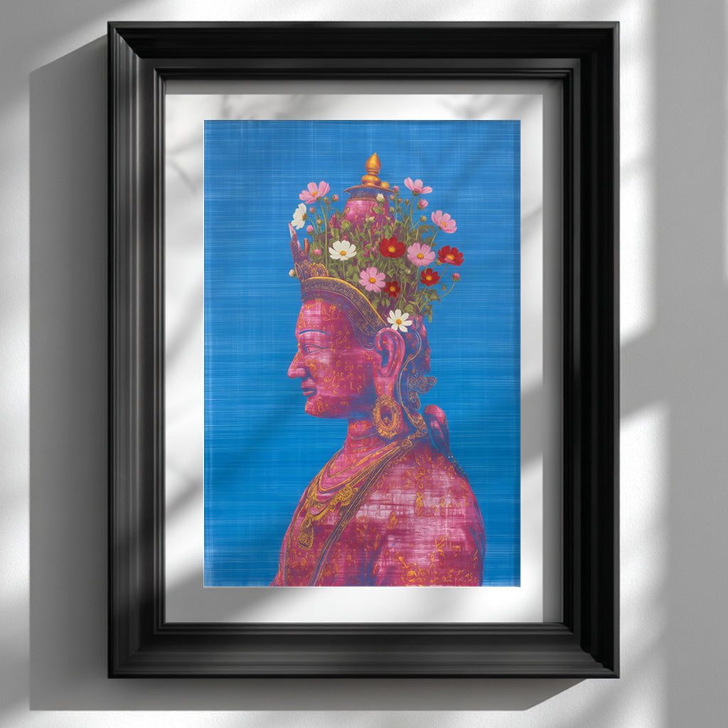 Pink Tara Buddhist art print displayed in a black frame on a white wall, featuring a serene feminine deity portrait with floral crown, sacred symbolism, vibrant pink and blue tones and contemporary spiritual wall art styling.