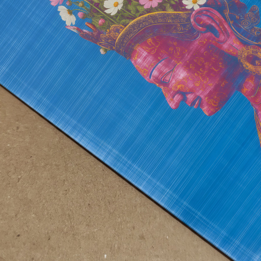 Close-up view of a Pink Tara Buddhist art print revealing fine print texture, layered pink and blue colours, floral crown detailing and sacred feminine portrait elements that highlight high-quality print depth and surface detail.