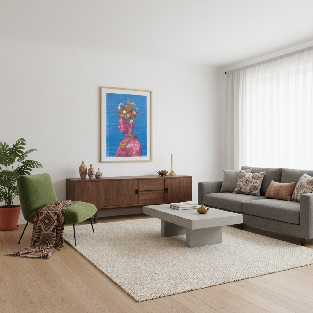Pink Tara Buddhist art print displayed in a modern apartment interior, highlighting a vibrant deity portrait with floral crown, symbolic Buddhist elements, bold pink and blue colour palette and contemporary spiritual decor appeal.