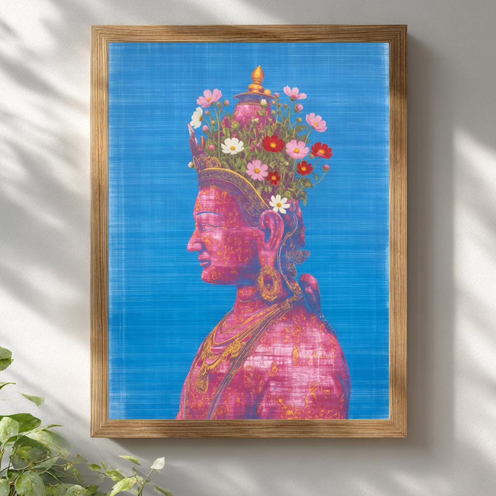 Pink Tara Buddhist art print presented in a wooden frame against a white wall, featuring a calm feminine deity portrait, lotus symbolism, floral crown details and a harmonious blend of contemporary and spiritual wall art design.