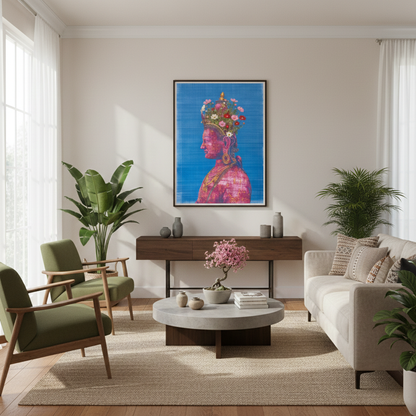 Framed Pink Tara Buddhist poster shown in a contemporary living room, featuring a peaceful feminine deity portrait with lotus iconography, decorative floral details, vivid pink tones and balanced modern spiritual wall art styling.