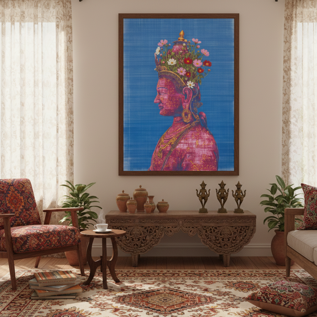 Framed Pink Tara Buddhist poster styled in a cultural living room setting, showcasing a sacred feminine deity portrait with lotus symbolism, ornate floral headdress, rich pink hues and a calm spiritual ambience within the interior.