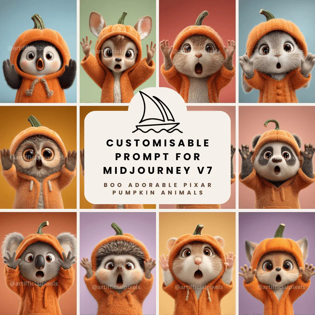 Editable Midjourney Prompt for Cute Pixar-Style Animals in Pumpkin Costumes - CITTRA Collective