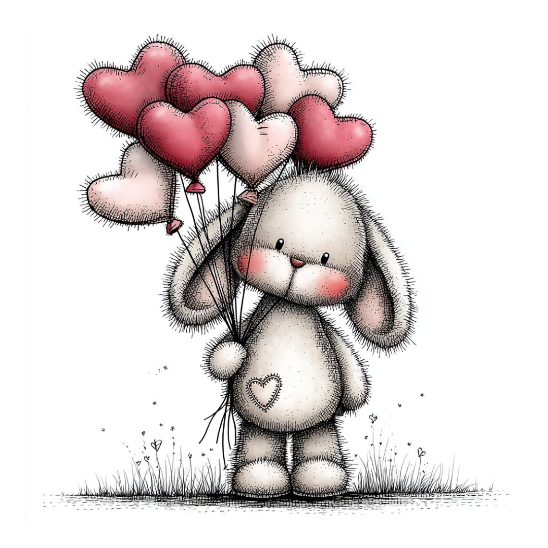 Cute plush bunny holding love heart balloons in a hand-drawn valentines style