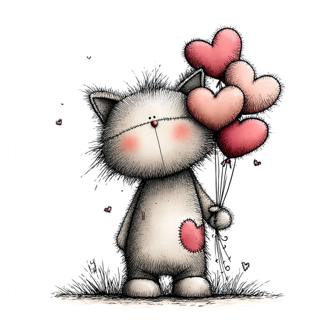 Cute plush cat with stitched heart detail holding love heart balloons