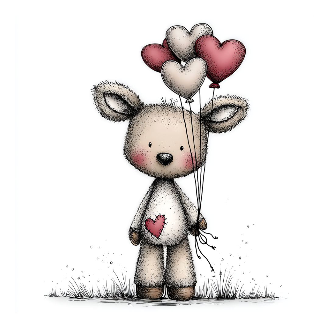 Plush deer holding love heart balloons in a minimal valentines illustration style