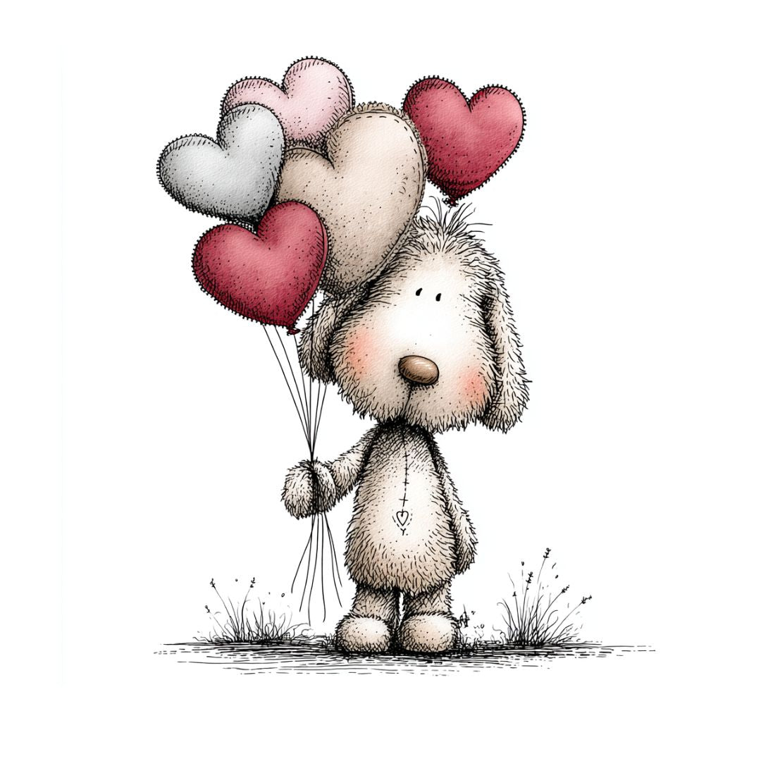 Cute plush dog holding love hearts in a gentle hand-drawn valentines style
