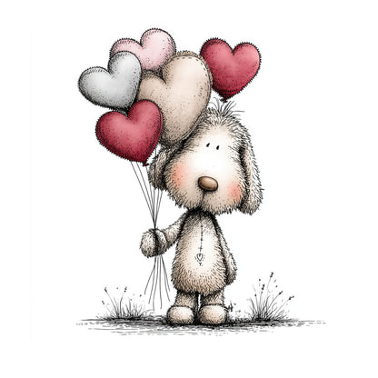 Cute plush dog holding love hearts in a gentle hand-drawn valentines style