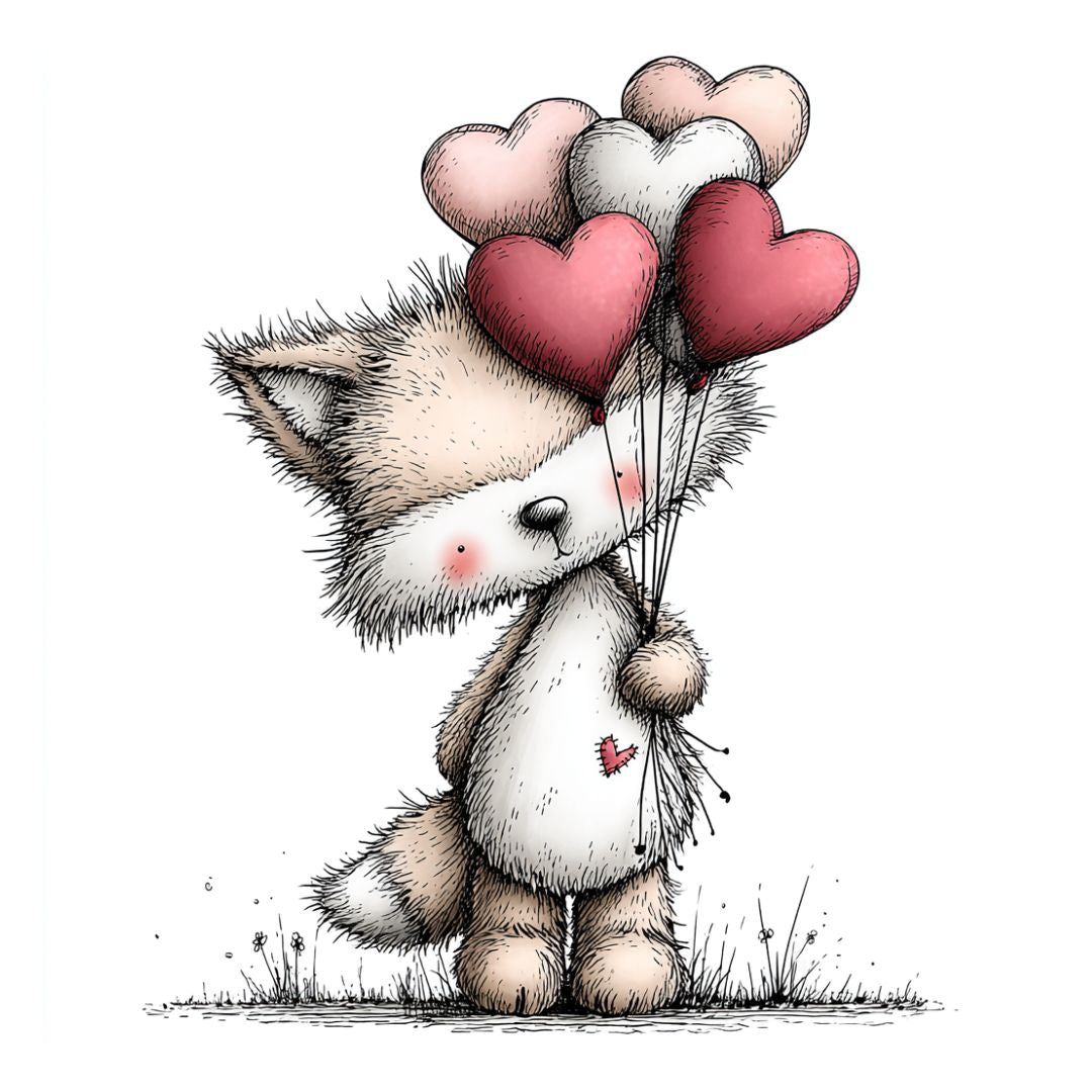 Plush fox holding love heart balloons in a soft ink valentines illustration