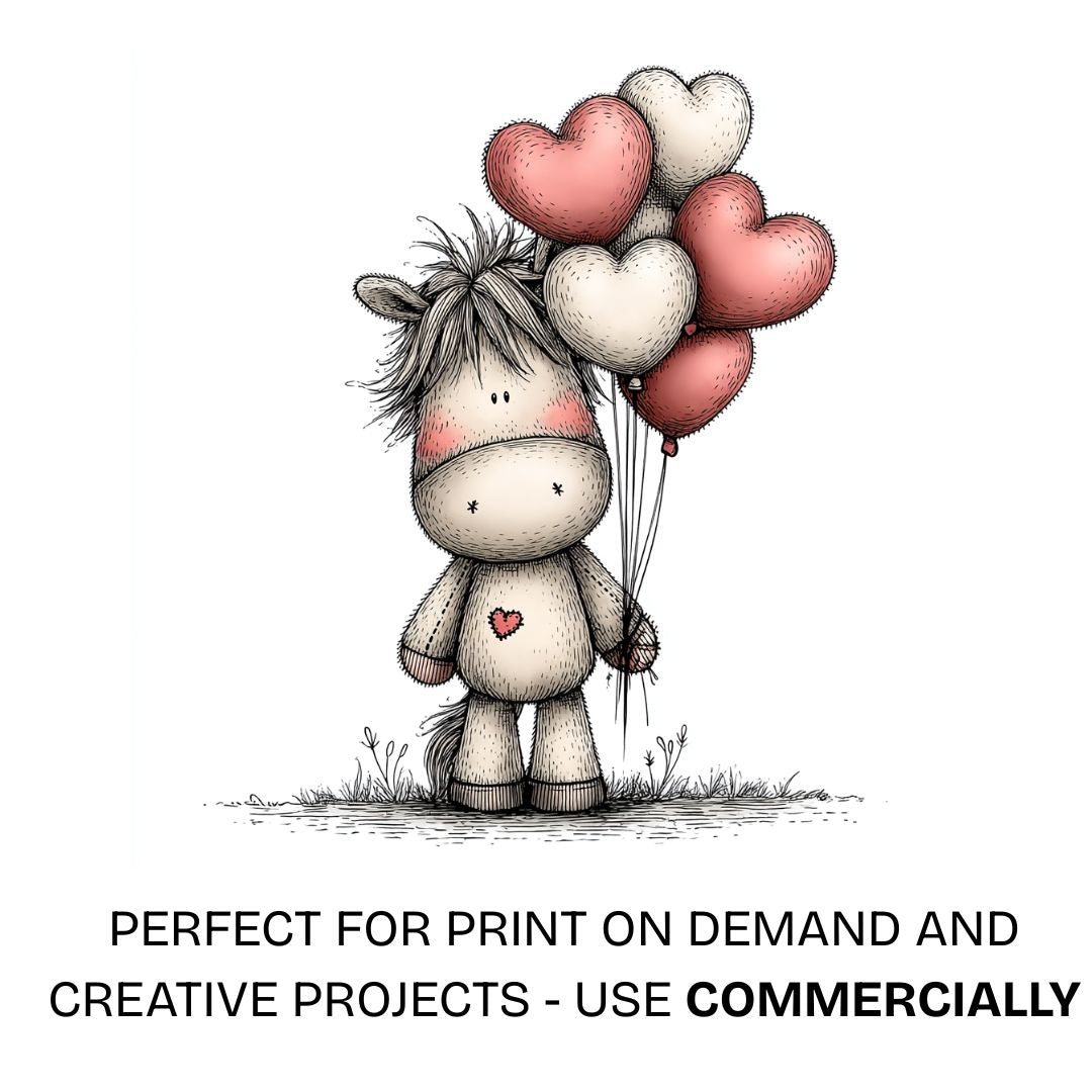 Cute plush horse holding love heart balloons in a hand-drawn valentines style