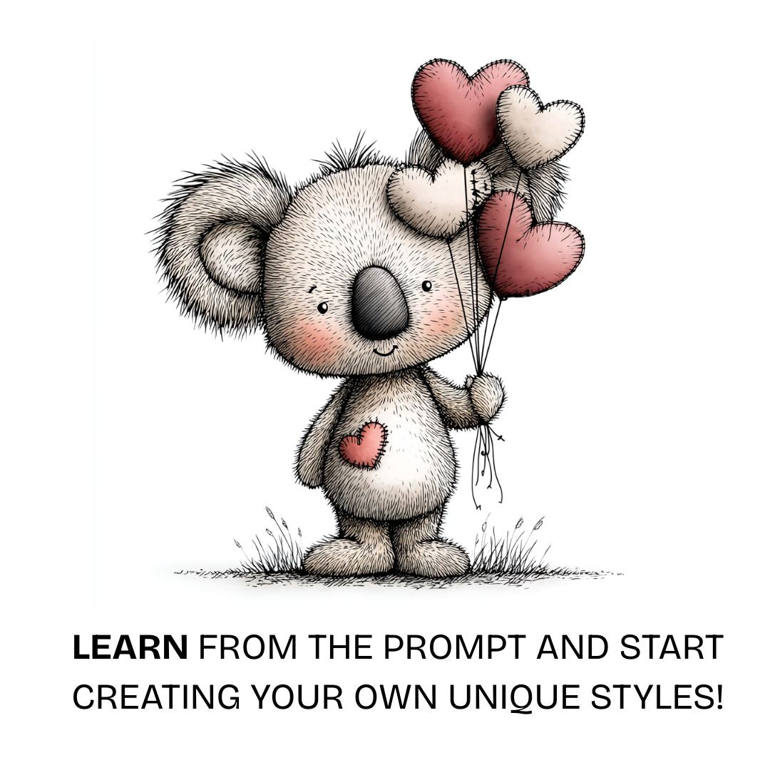 Plush koala holding love heart balloons in a soft cute valentines illustration