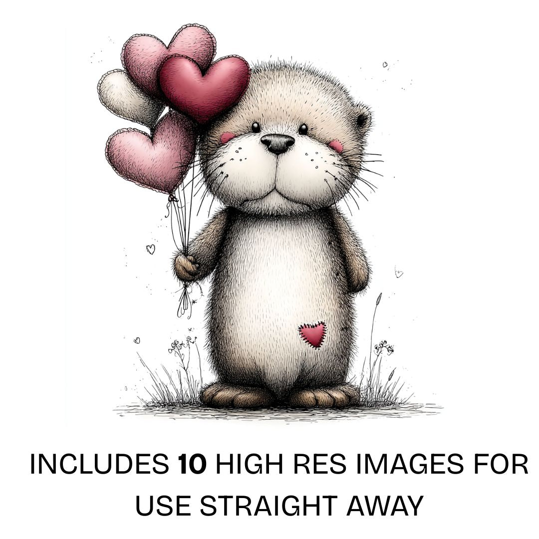 Cute plush otter holding love heart balloons in a soft hand-drawn valentines style