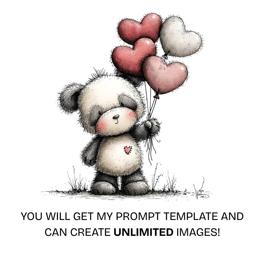 Plush panda bear holding love heart balloons in a cute valentines illustration