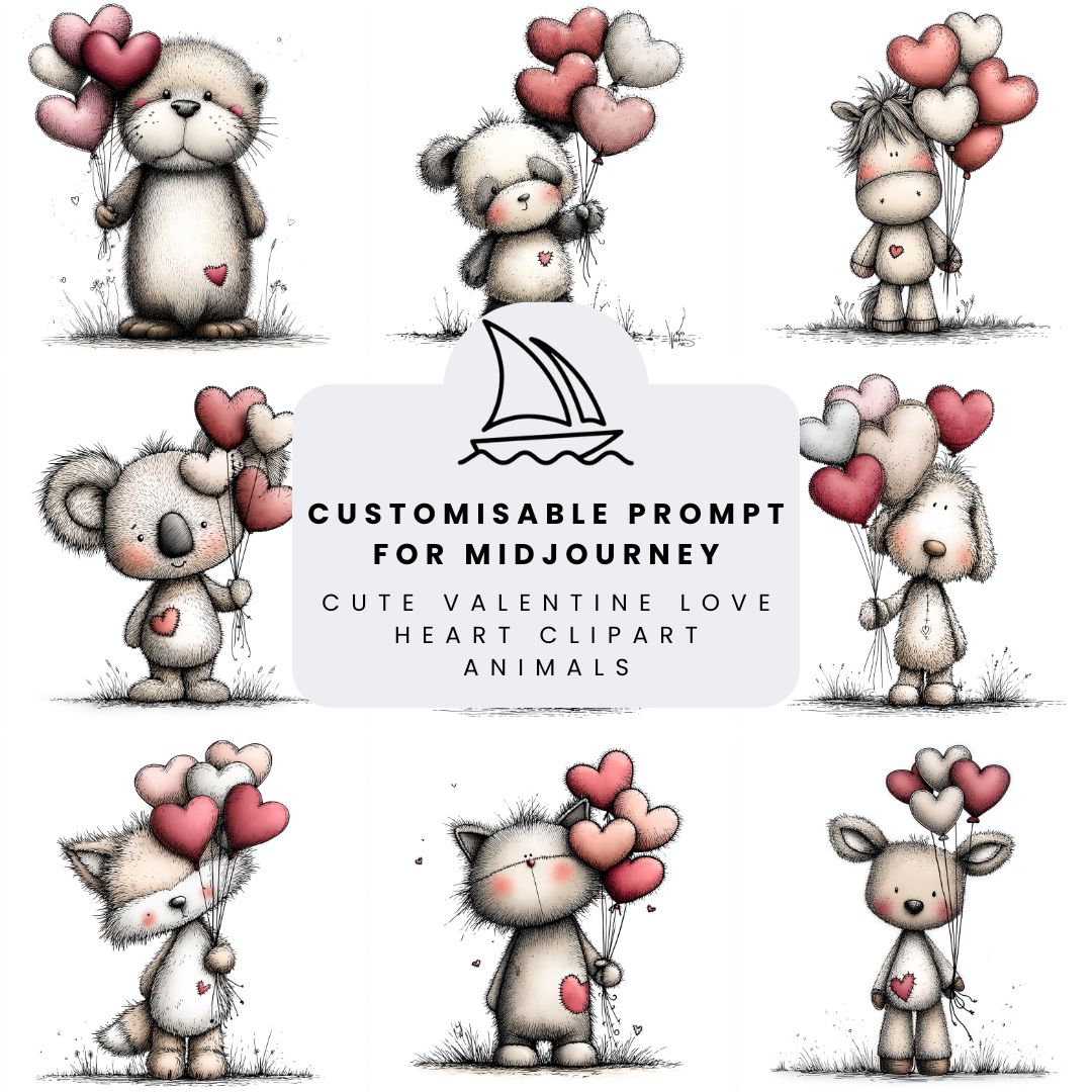 Collection of plush cute valentines animal illustrations with love hearts created from one prompt