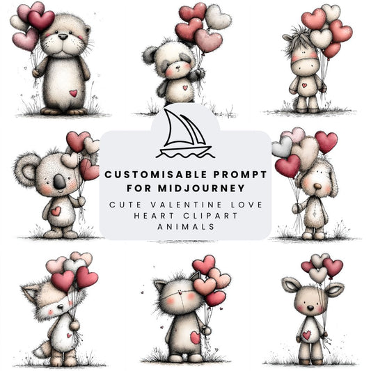 Collection of plush cute valentines animal illustrations with love hearts created from one prompt