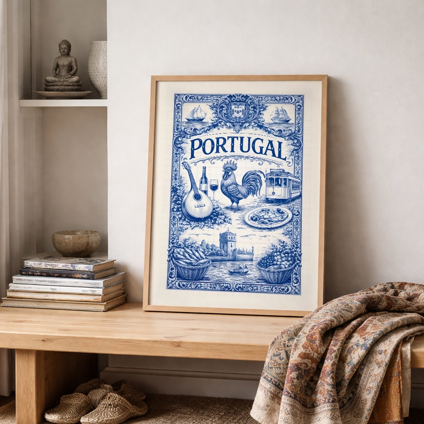 Portugal art poster resting on a wooden shelf, featuring a detailed blue azulejo illustration with Portuguese cultural symbols including a rooster, guitar, wine bottle, tram, seafood plate, sailing ships, and coastal architecture. The artwork reflects traditional Portuguese tile art with a travel-inspired, cultural design suitable for Mediterranean interiors.
