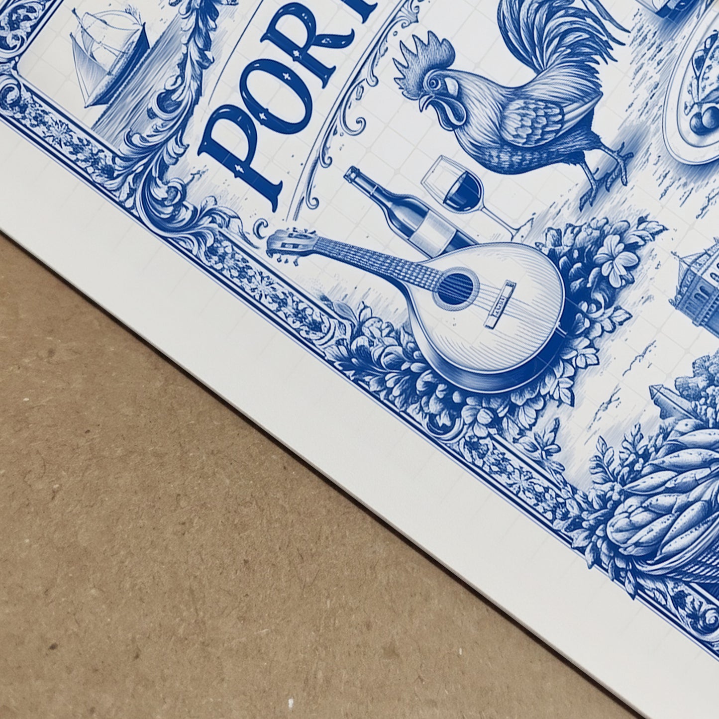Close-up of a portugal azulejo poster showing the printed paper texture and crisp blue tile illustration details, highlighting traditional Portuguese symbols and fine linework used in the cultural art print.
