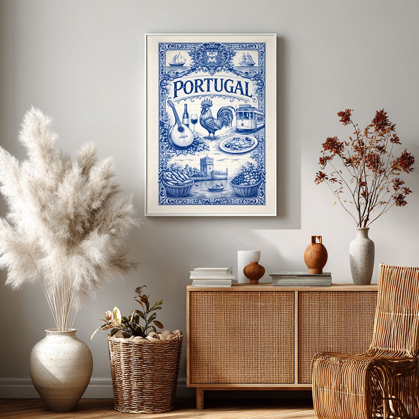 Cultural art poster celebrating Portugal traditions, styled above a wooden cabinet with dried plants. The blue azulejo tile artwork includes Portuguese cultural imagery such as a rooster, tram, wine, and traditional food motifs.