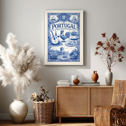Cultural art poster celebrating Portugal traditions, styled above a wooden cabinet with dried plants. The blue azulejo tile artwork includes Portuguese cultural imagery such as a rooster, tram, wine, and traditional food motifs.