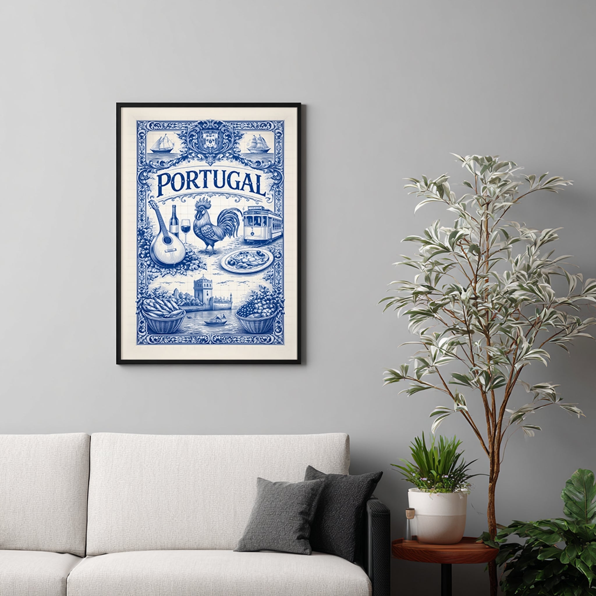 Portugal travel art poster displayed in a modern living room, featuring blue azulejo tile artwork with Portuguese cultural symbols including food, music, transport, and coastal imagery. The cultural art print adds Mediterranean character while fitting a clean, contemporary interior setting.