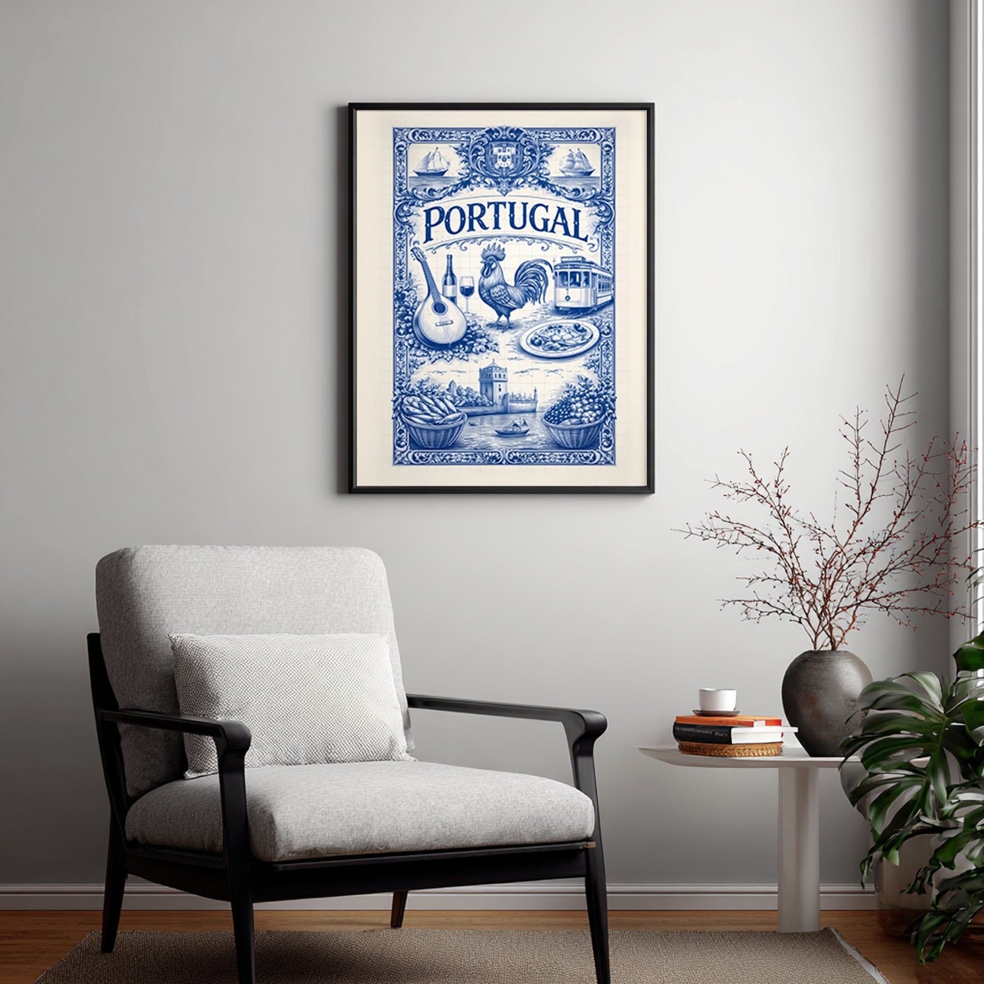 Portuguese culture art poster hung on a light wall in a minimalist interior, showing a blue tile azulejo design with traditional Portugal imagery such as a rooster, tram, sailing ships, and decorative tile borders inspired by Portuguese traditions.