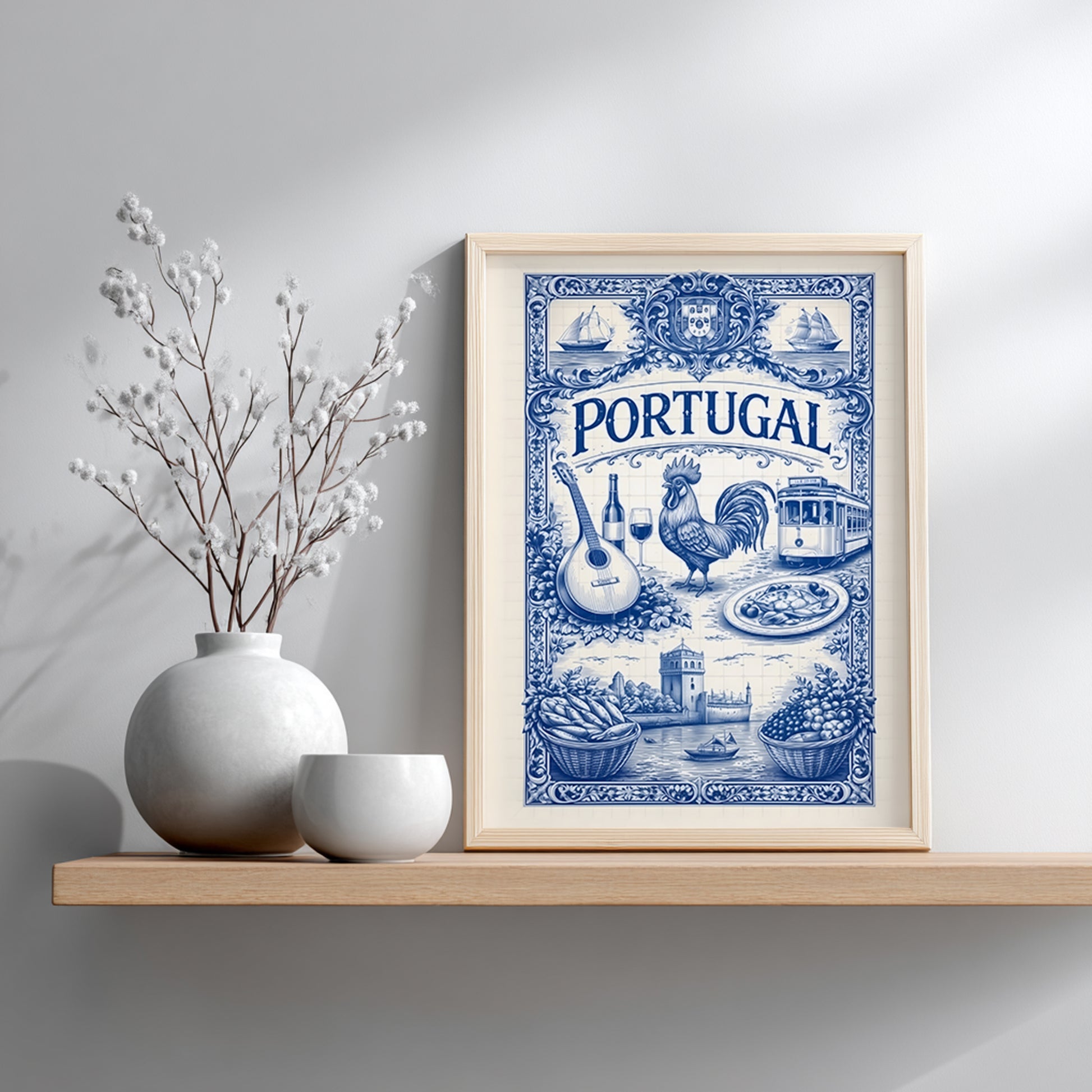 Portuguese tile art poster placed on a floating shelf, featuring a blue azulejo illustration with symbolic Portuguese elements including sailing ships, coastal buildings, food, and musical instruments.