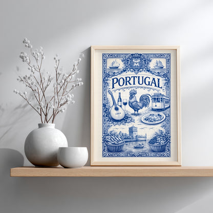 Portuguese tile art poster placed on a floating shelf, featuring a blue azulejo illustration with symbolic Portuguese elements including sailing ships, coastal buildings, food, and musical instruments.