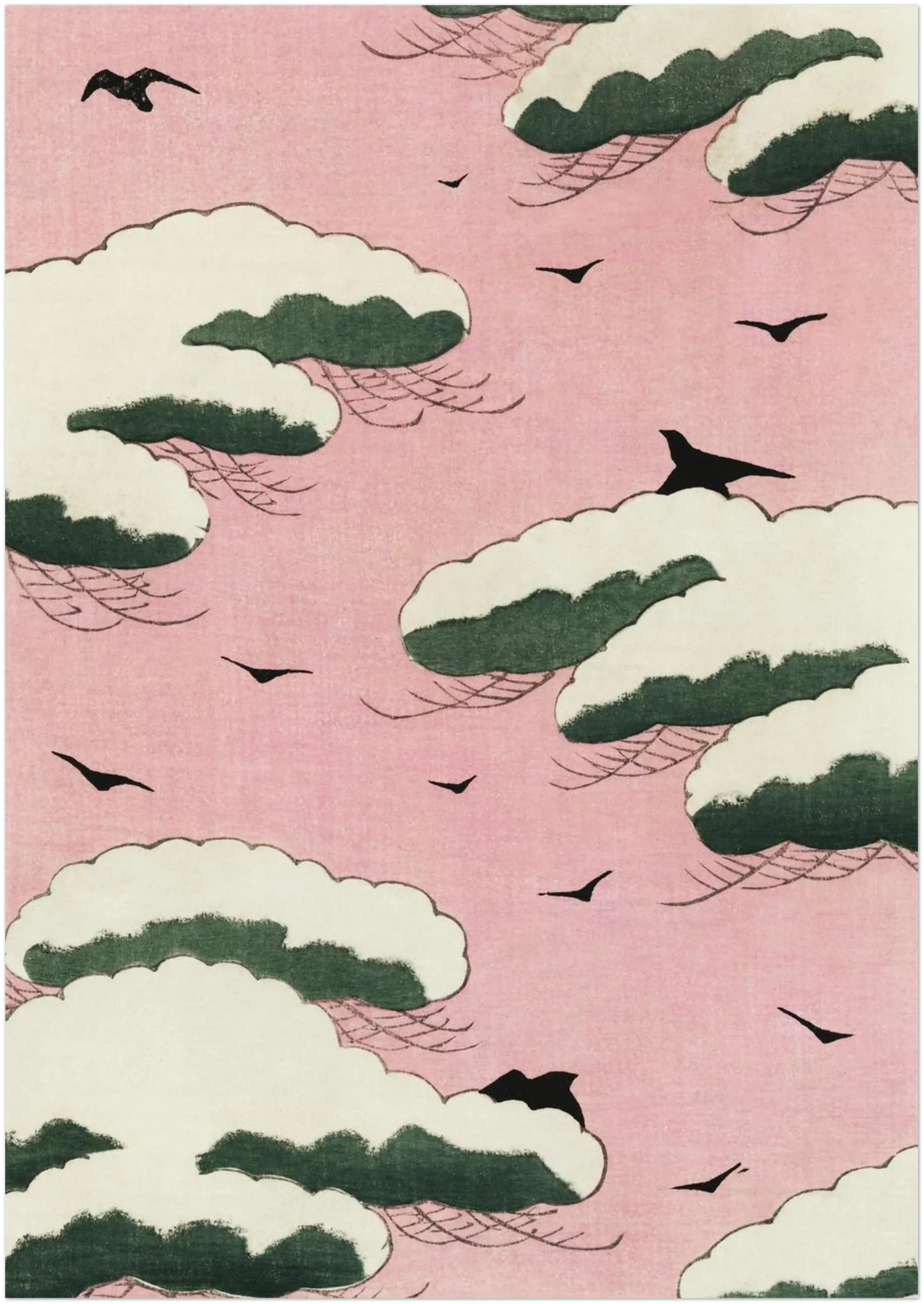 A1 Japanese art print showing pink sky with white and green cloud formations from Shin Bijutsukai magazine, presented on a clean neutral wall for scale and minimalist display reference.